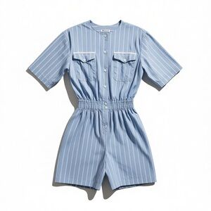 Vintage Blue Striped Cotton Romper Elastic Waist Cottagecore Small